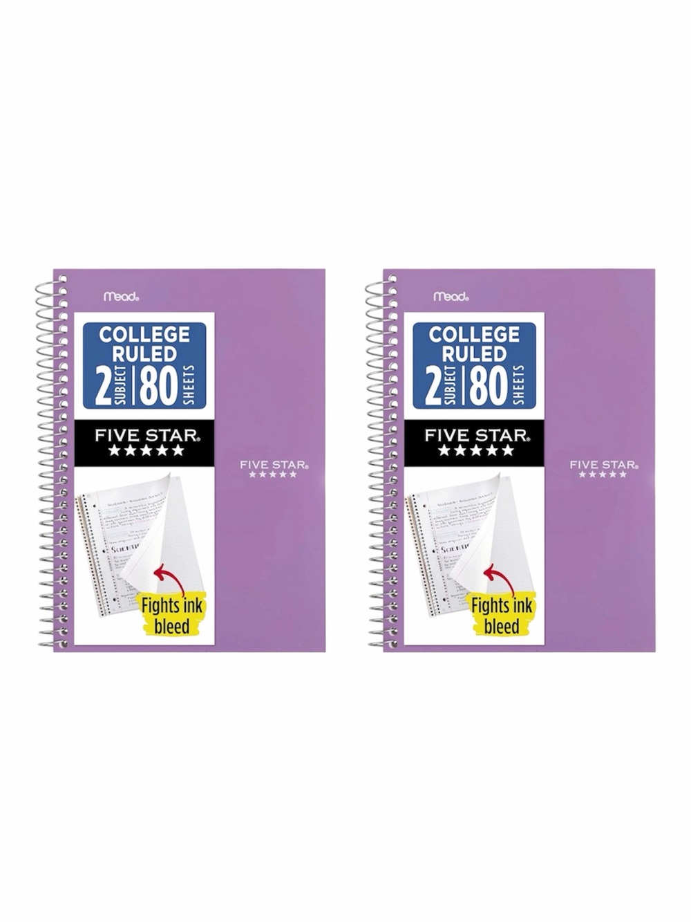 Five Star Spiral Notebook, 2 Subject College Ruled Paper, 6" x 9-1/2" 2 Pack ET